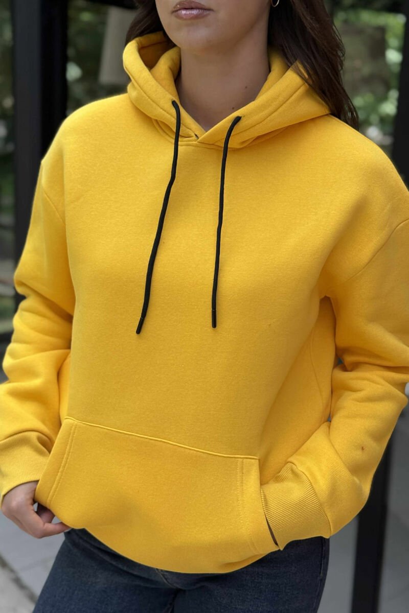 ONE COLOR FLUFFY SIMPLE WOMEN HOODIE YELLOW/E VERDHE - 4