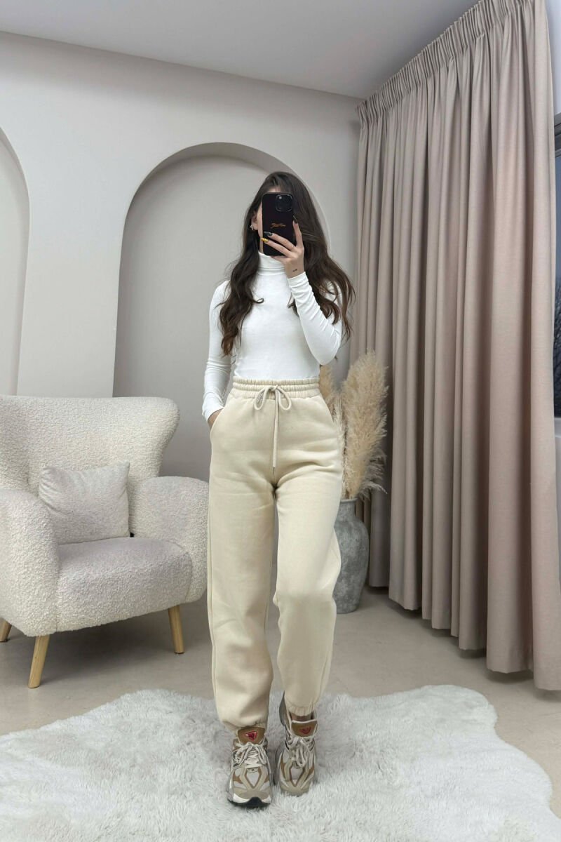 ONE COLOR FLUFFY SIMPLE WOMEN JOGGERS BEIGE/BEZHE - 1
