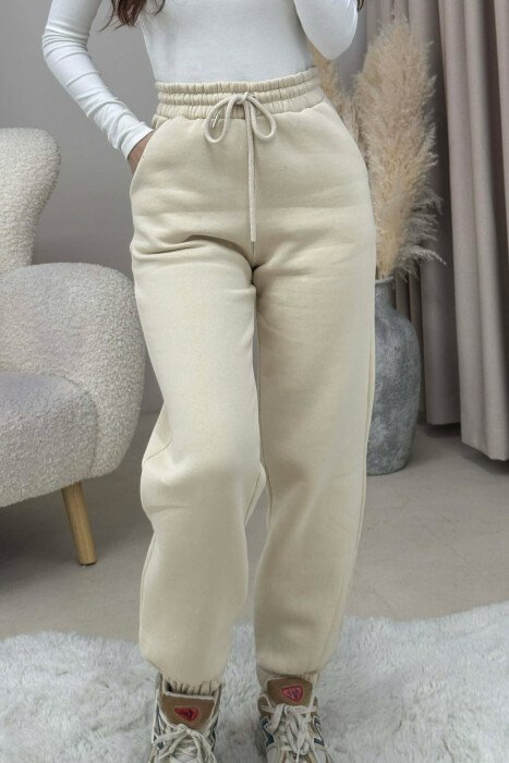 ONE COLOR FLUFFY SIMPLE WOMEN JOGGERS BEIGE/BEZHE - 2
