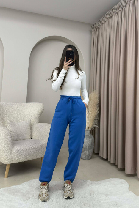 ONE COLOR FLUFFY SIMPLE WOMEN JOGGERS BLUE/BLU - 1