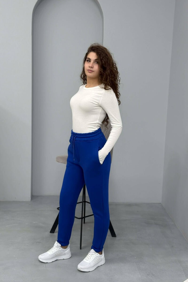 ONE COLOR FLUFFY SIMPLE WOMEN SWEATPANTS BLUE/BLU - 1