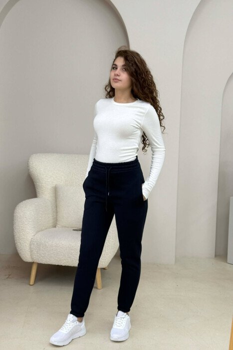 ONE COLOR FLUFFY SIMPLE WOMEN SWEATPANTS DARK BLUE/BEE 