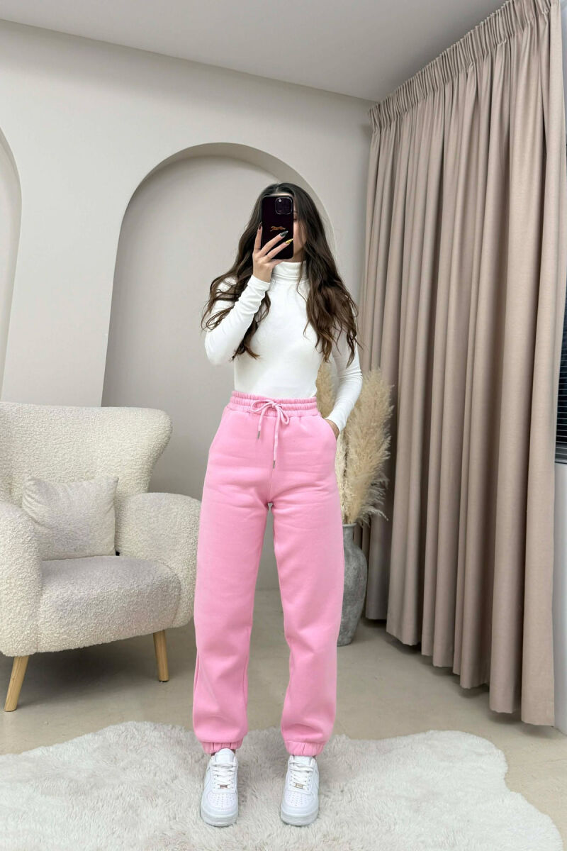 ONE COLOR FLUFFY SIMPLE WOMEN JOGGERS PINK/ROZE - 1