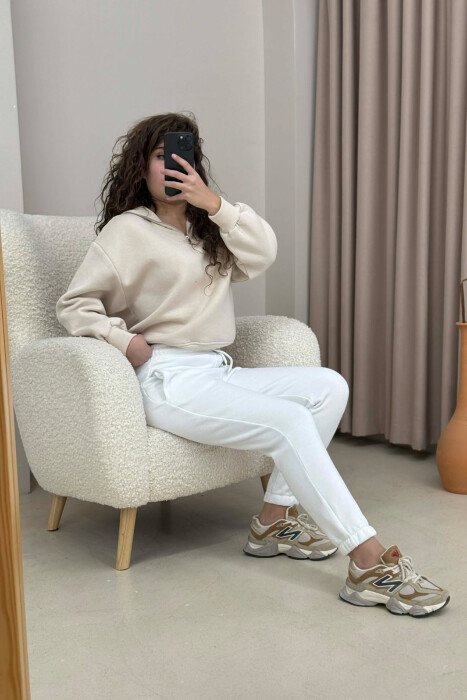 ONE COLOR FLUFFY SIMPLE WOMEN SWEATPANTS WHITE-E BARDHE - 3