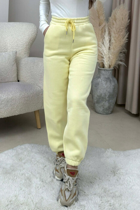 ONE COLOR FLUFFY SIMPLE WOMEN JOGGERS YELLOW/E VERDHE - 2