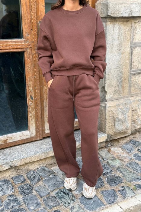 ONE COLOR FLUFFY SWEATSHIRT + SWEATPANTS WOMAN SET BROWN/KAFE - 2