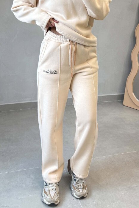 ONE COLOR FLUFFY SWEATSHIRT + SWEATPANTS WOMEN SET BEIGE/BEZHE - 2