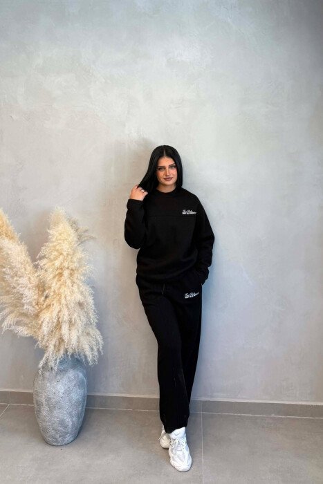 ONE COLOR FLUFFY SWEATSHIRT + SWEATPANTS WOMEN SET BLACK/ E ZEZE - 1