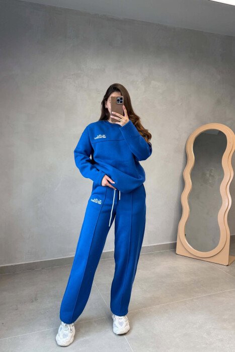 ONE COLOR FLUFFY SWEATSHIRT + SWEATPANTS WOMEN SET BLUE/BLU - KLAUDIO FASHION