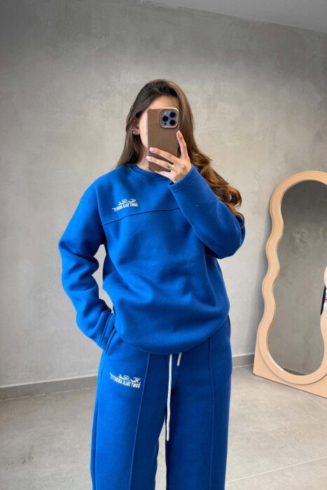 ONE COLOR FLUFFY SWEATSHIRT + SWEATPANTS WOMEN SET BLUE/BLU - 5
