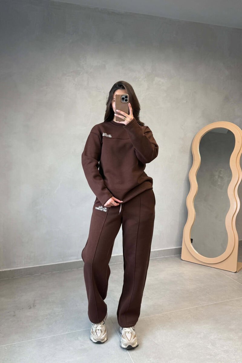 ONE COLOR FLUFFY SWEATSHIRT + SWEATPANTS WOMEN SET BROWN/KAFE - 1