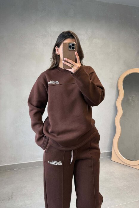 ONE COLOR FLUFFY SWEATSHIRT + SWEATPANTS WOMEN SET BROWN/KAFE - 2