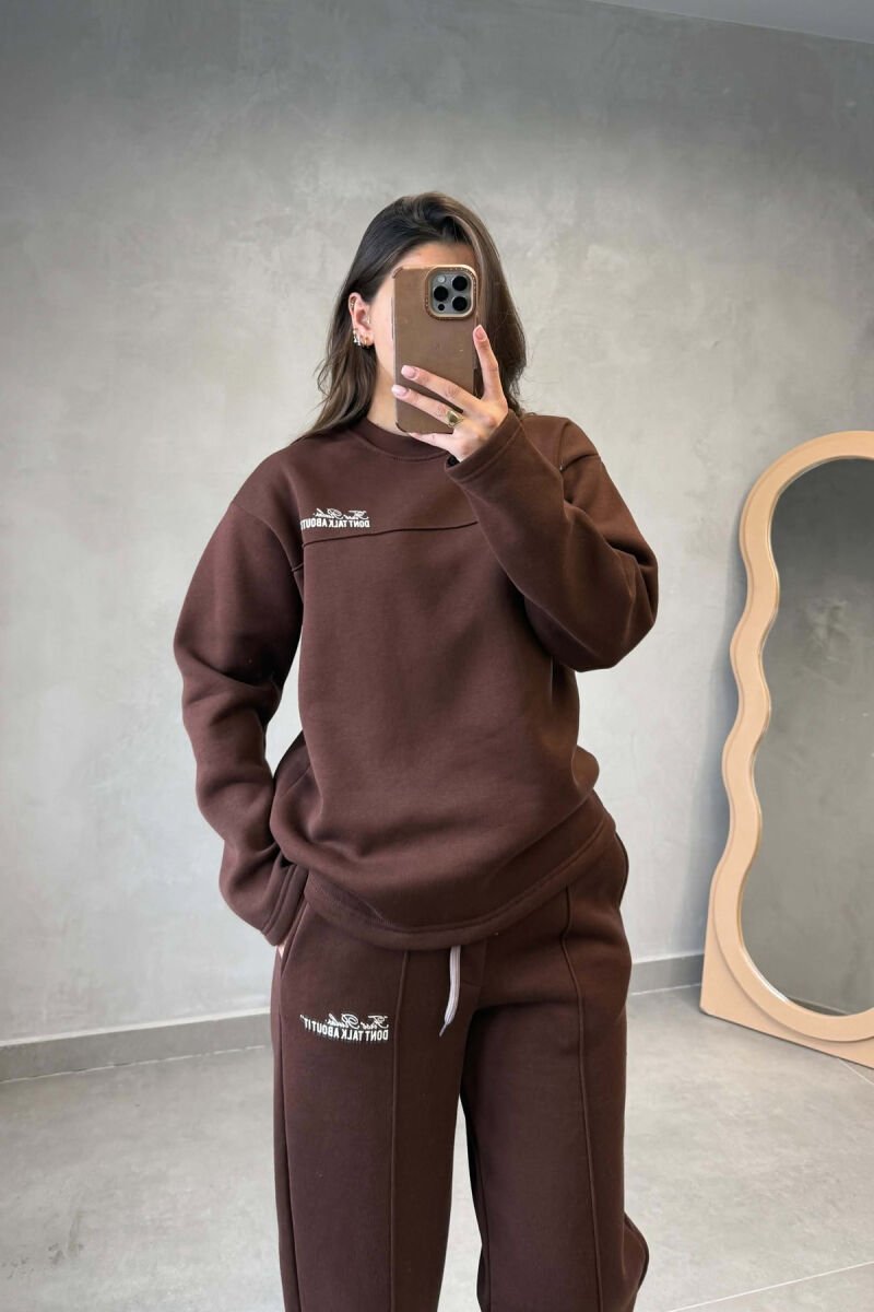 ONE COLOR FLUFFY SWEATSHIRT + SWEATPANTS WOMEN SET BROWN/KAFE - 2