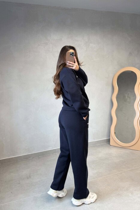 ONE COLOR FLUFFY SWEATSHIRT + SWEATPANTS WOMEN SET DARK BLUE/BEE - 2