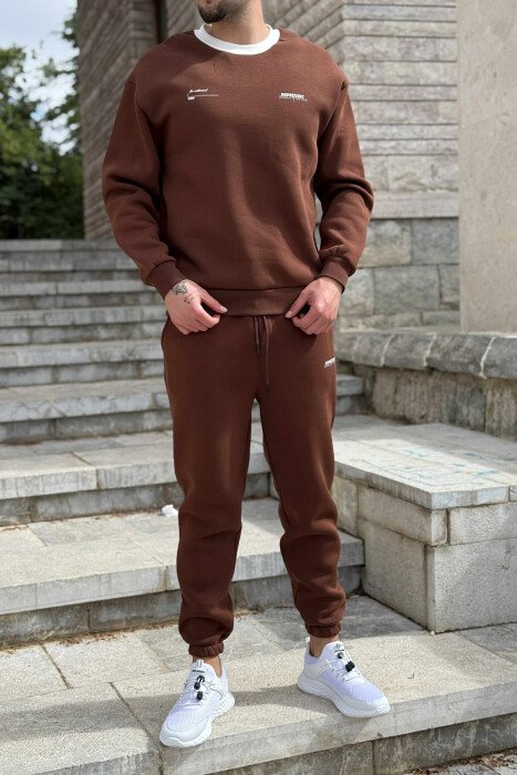 ONE COLOR FLUFFY SWEATSHIRT+JOGGERS MEN SET BROWN/KAFE 