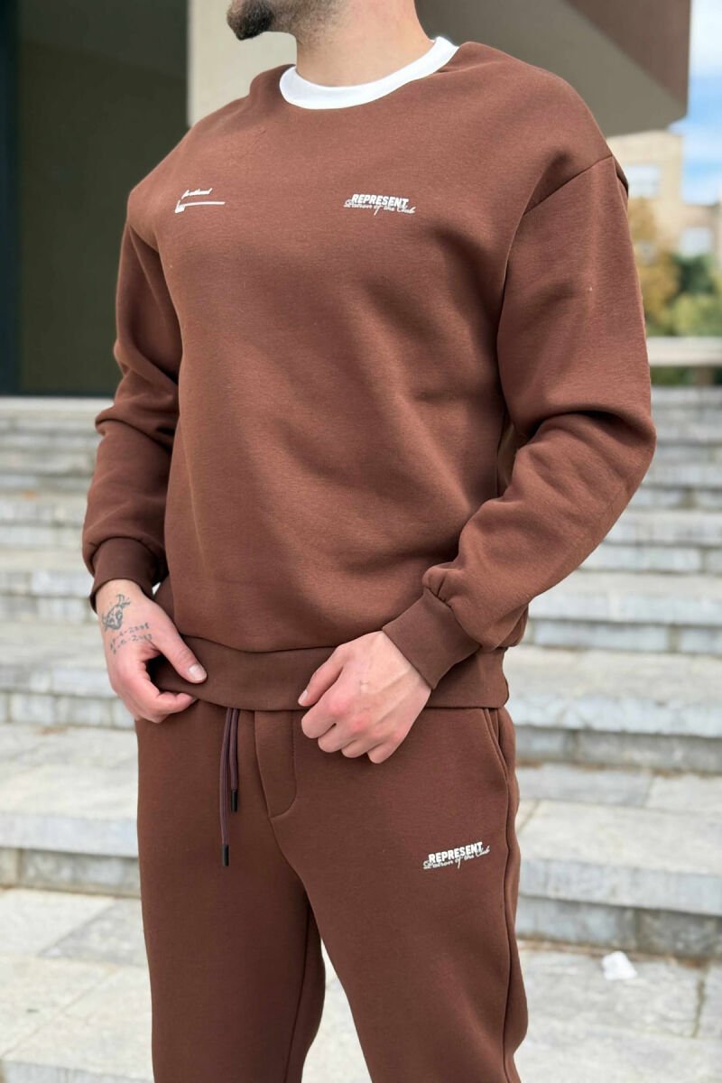 ONE COLOR FLUFFY SWEATSHIRT+JOGGERS MEN SET BROWN/KAFE - 2