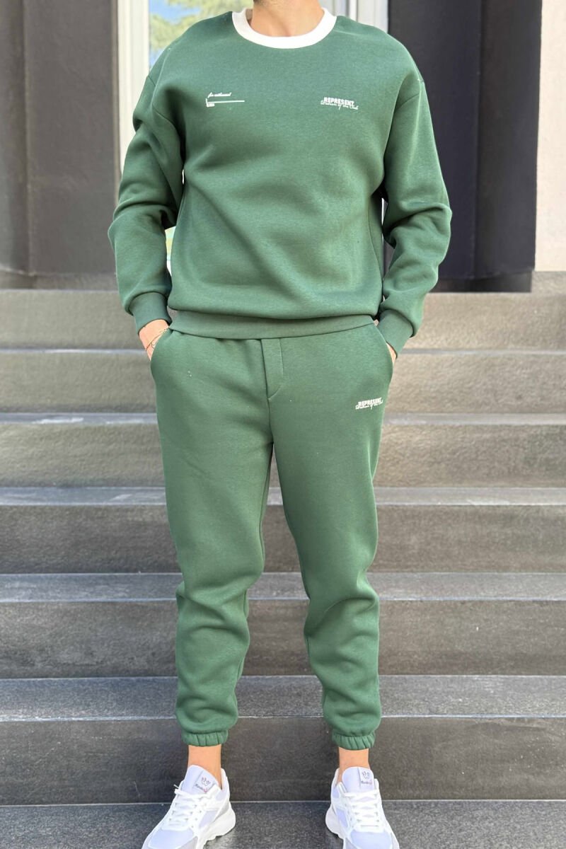 ONE COLOR FLUFFY SWEATSHIRT+JOGGERS MEN SET GREEN/JESHILE - 1