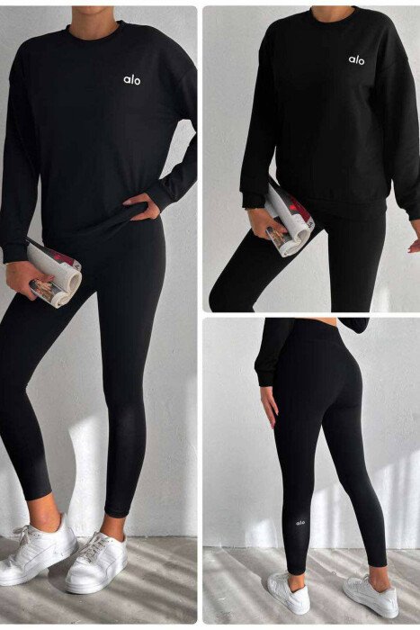 ONE COLOR FLUFFY SWEATSHIRT+LEGGINGS WOMEN SET BLACK/ E ZEZE - KLAUDIO FASHION