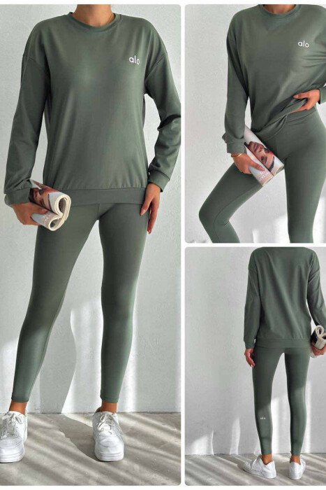 ONE COLOR FLUFFY SWEATSHIRT+LEGGINGS WOMEN SET GREEN/JESHILE - KLAUDIO FASHION