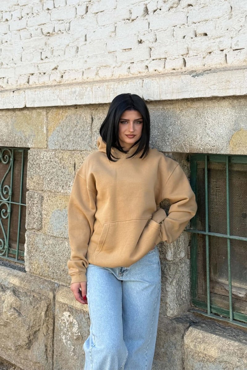 ONE COLOR FLUFFY WOMAN HOODIE BEIGE/BEZHE - 1