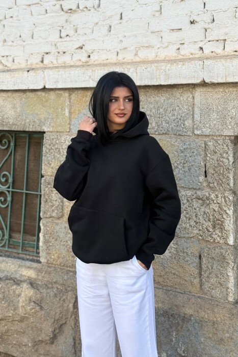 ONE COLOR FLUFFY WOMAN HOODIE BLACK/ E ZEZE 