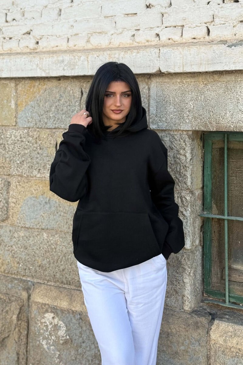 ONE COLOR FLUFFY WOMAN HOODIE BLACK/ E ZEZE - 3