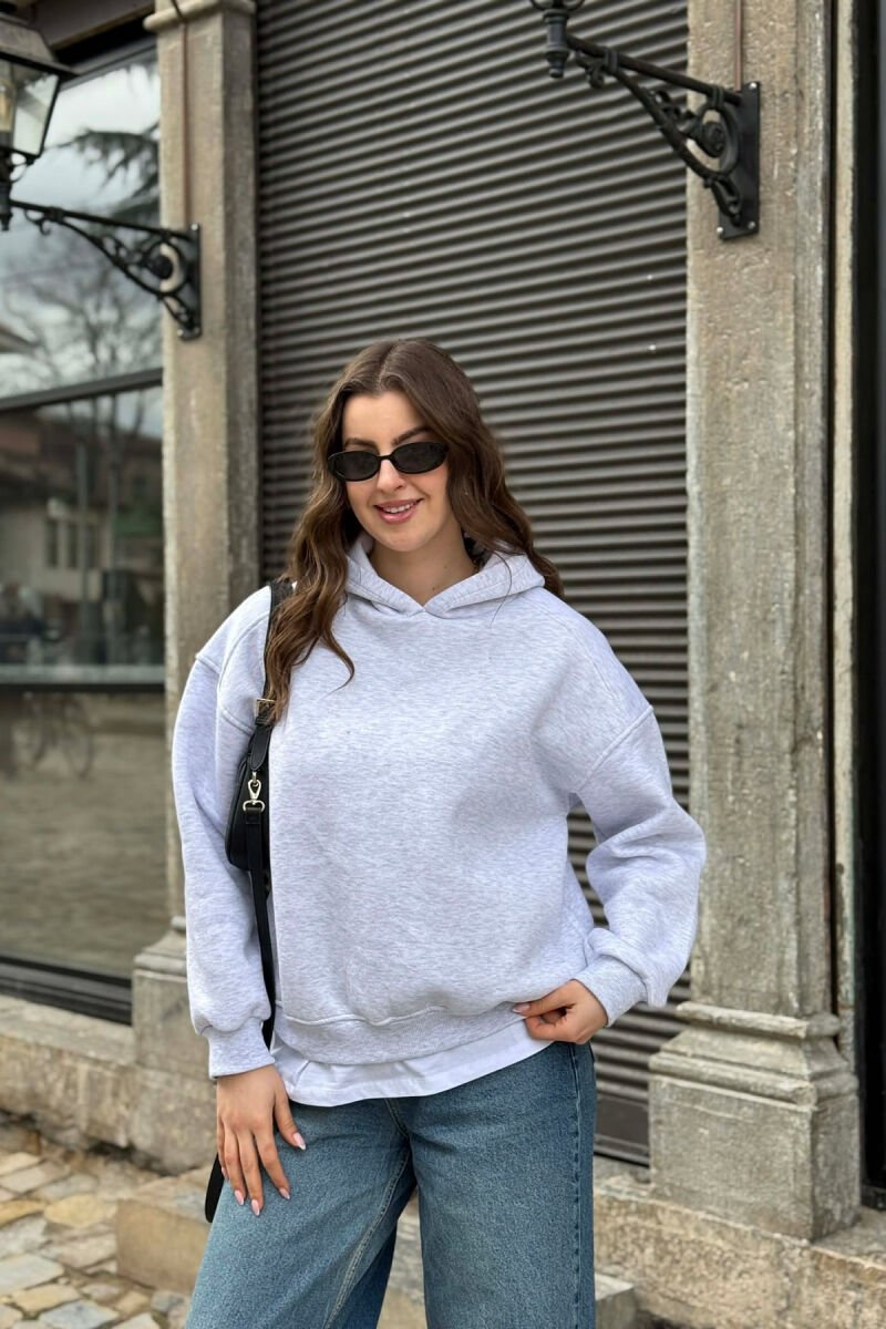 ONE COLOR FLUFFY WOMAN HOODIE LIGHT GREY/GZ - 1