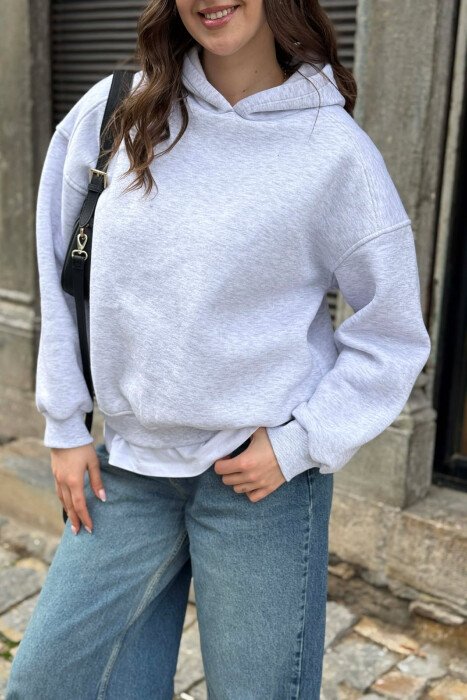 ONE COLOR FLUFFY WOMAN HOODIE LIGHT GREY/GZ - 3