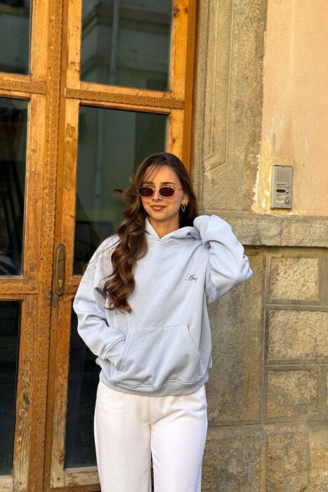 ONE COLOR FLUFFY WOMAN HOODIE LIGHTBLUE/BZ - 1