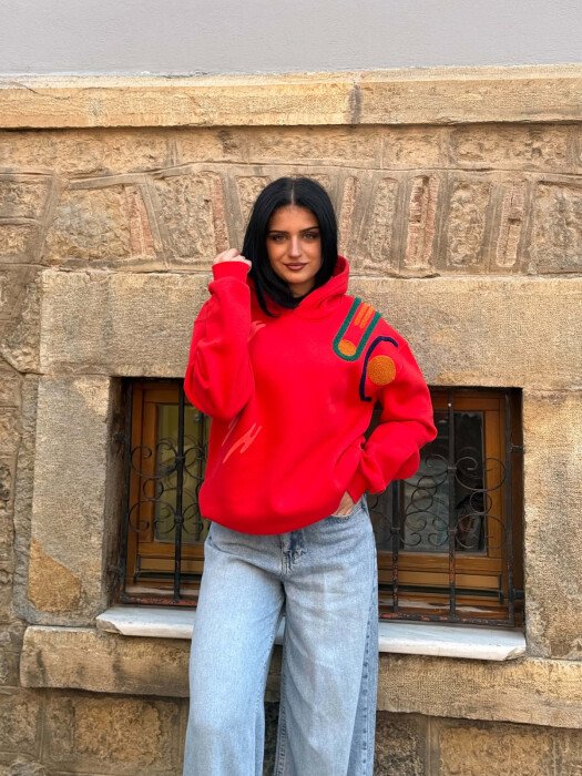 ONE COLOR FLUFFY WOMAN HOODIE RED/E KUQE - 