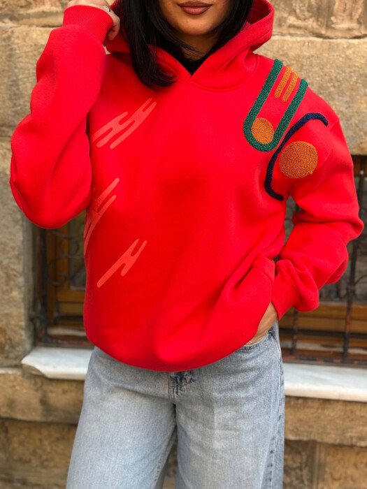ONE COLOR FLUFFY WOMAN HOODIE RED/E KUQE - 2