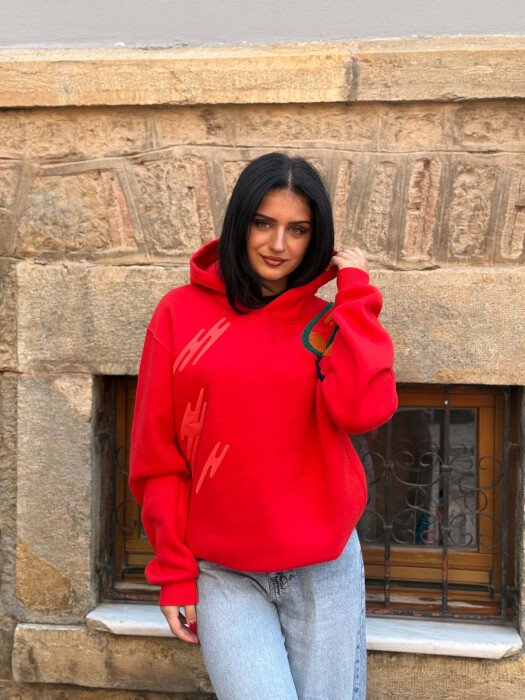 ONE COLOR FLUFFY WOMAN HOODIE RED/E KUQE - 3