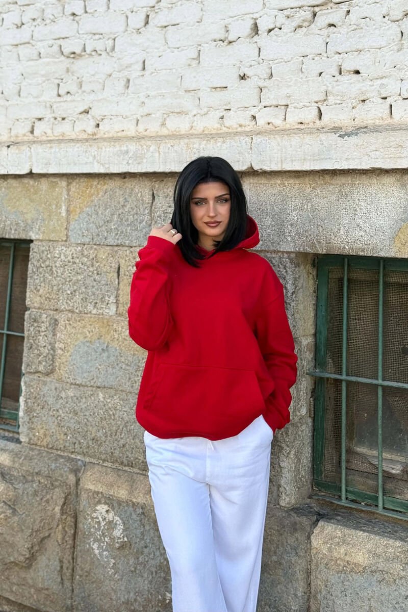 ONE COLOR FLUFFY WOMAN HOODIE RED/E KUQE - 1