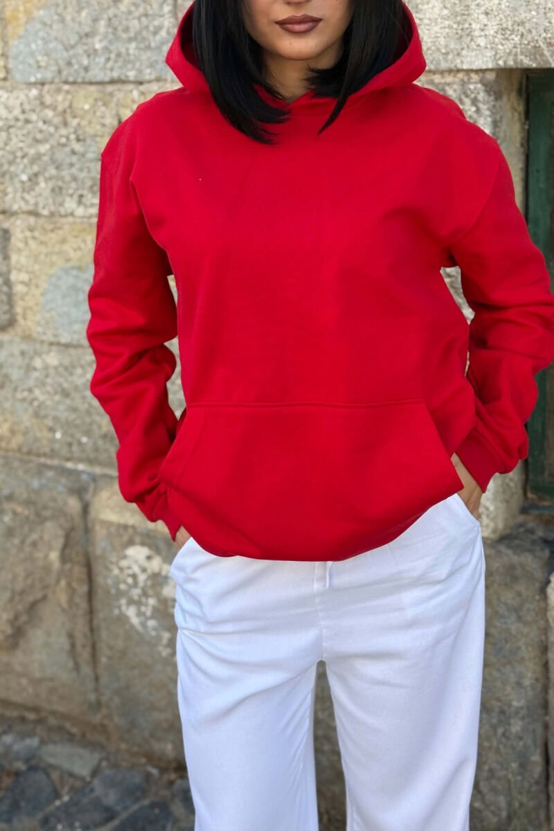 ONE COLOR FLUFFY WOMAN HOODIE RED/E KUQE - 2