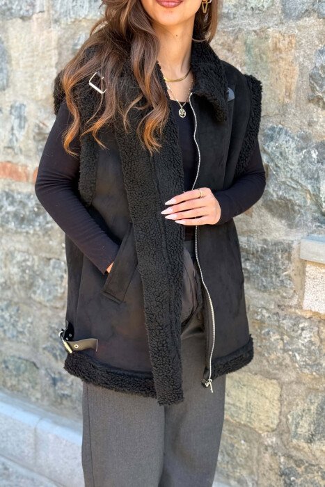 ONE COLOR FLUFFY WOMAN VEST BLACK/ E ZEZE - 4