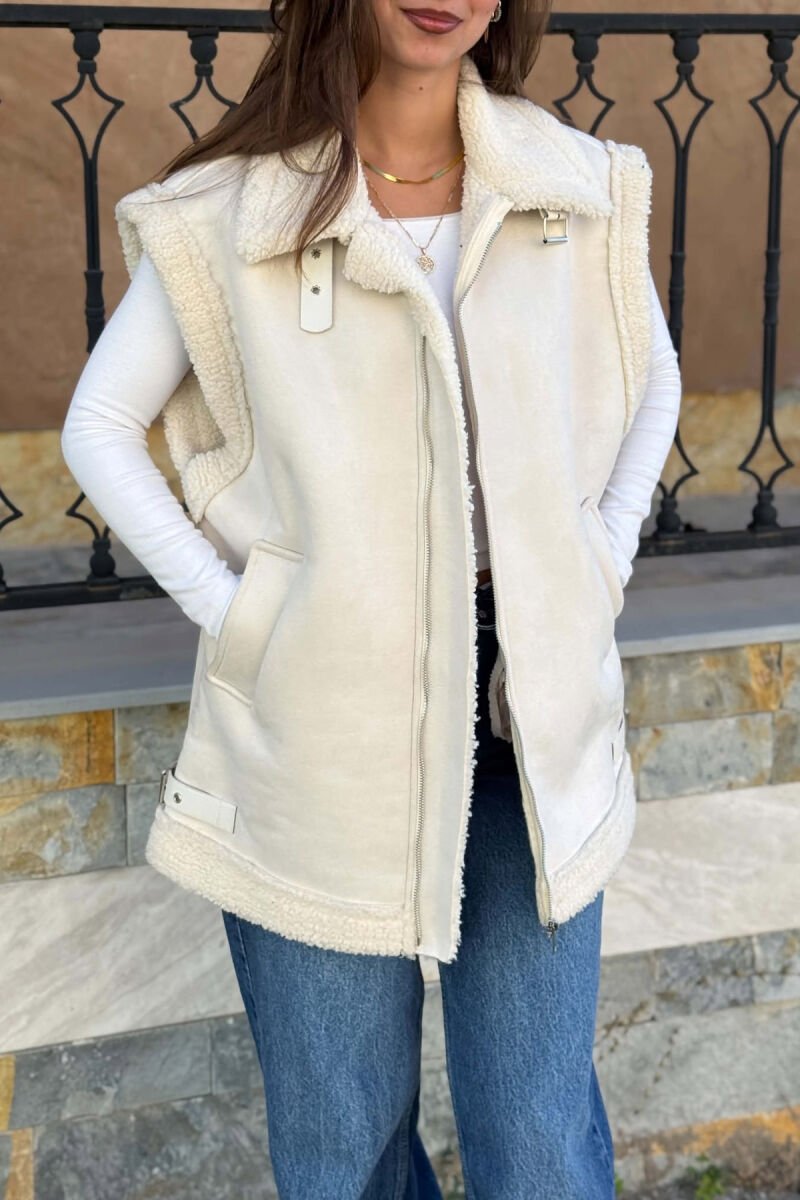 ONE COLOR FLUFFY WOMAN VEST CREAM/KREM - 3