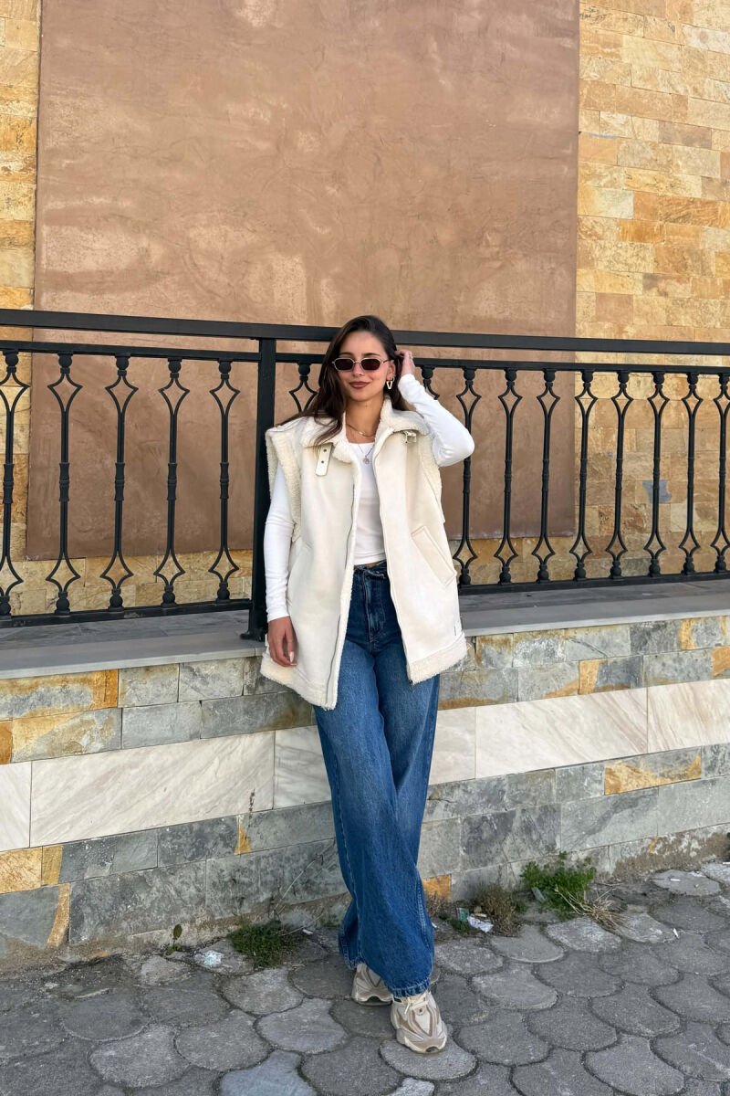 ONE COLOR FLUFFY WOMAN VEST CREAM/KREM - 5
