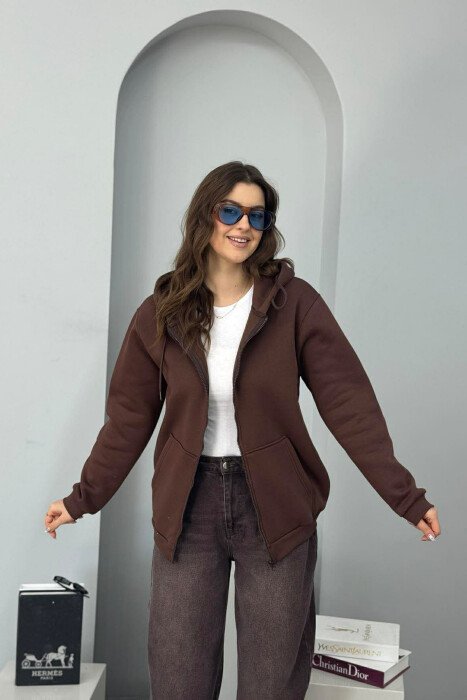 ONE COLOR FLUFFY WOMEN COTTON JACKET BROWN/KAFE - KLAUDIO FASHION