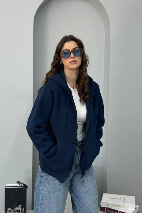 ONE COLOR FLUFFY WOMEN COTTON JACKET DARK BLUE/BEE - KLAUDIO FASHION