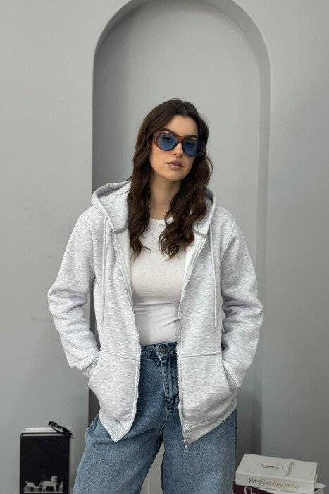 ONE COLOR FLUFFY WOMEN COTTON JACKET LIGHT GREY/GZ - KLAUDIO FASHION