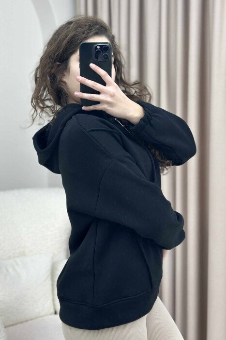 ONE COLOR FLUFFY WOMEN HOODIE BLACK/ E ZEZE - 4