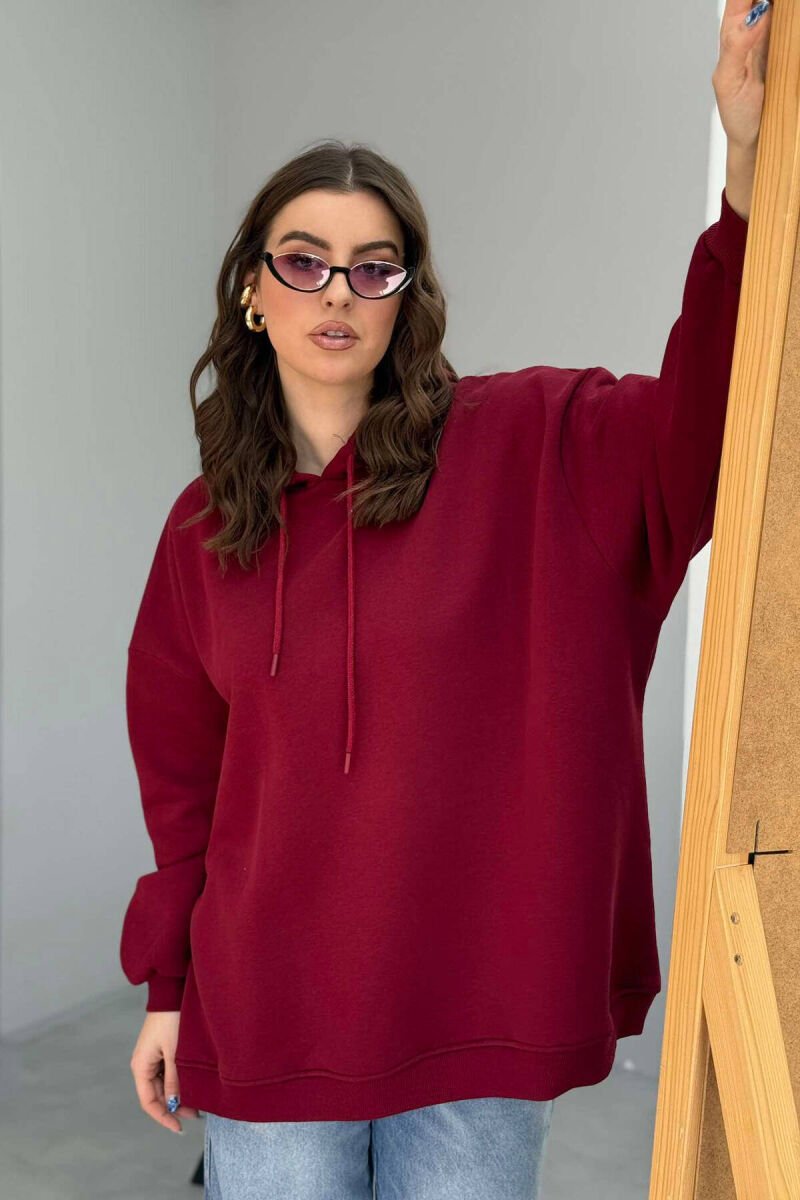 ONE COLOR FLUFFY WOMEN HOODIE BURGUNDY/VISHNJE - 3