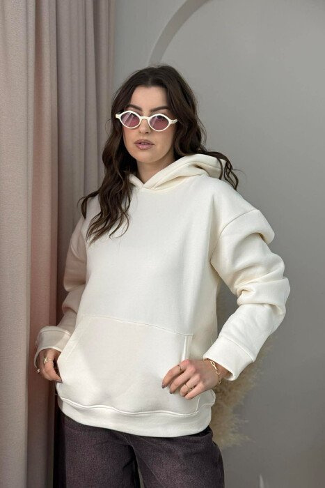ONE COLOR FLUFFY WOMEN HOODIE CREAM/KREM - 1