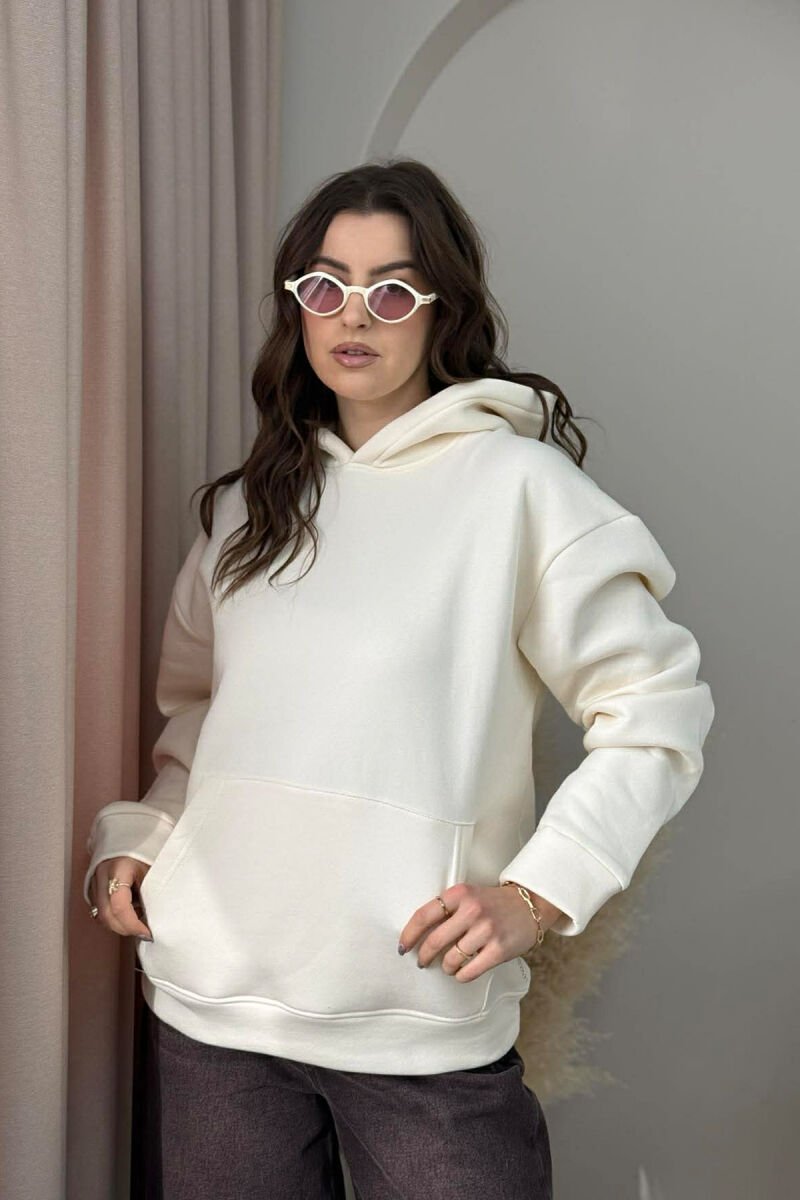 ONE COLOR FLUFFY WOMEN HOODIE CREAM/KREM - 1