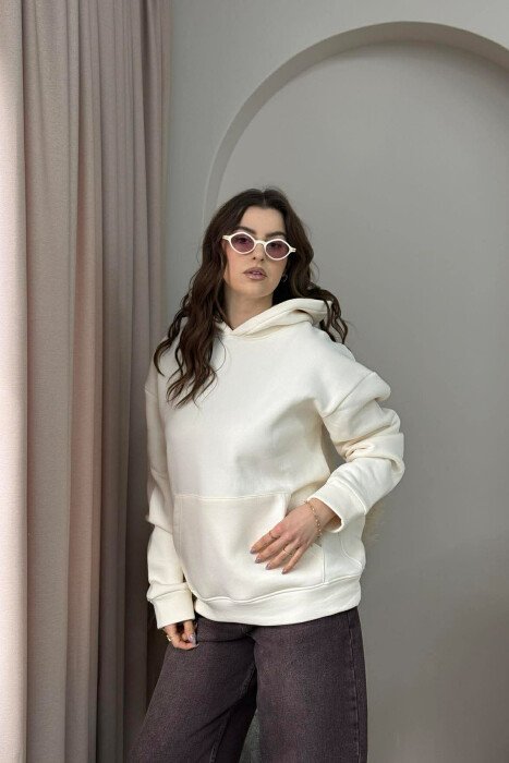 ONE COLOR FLUFFY WOMEN HOODIE CREAM/KREM - 3