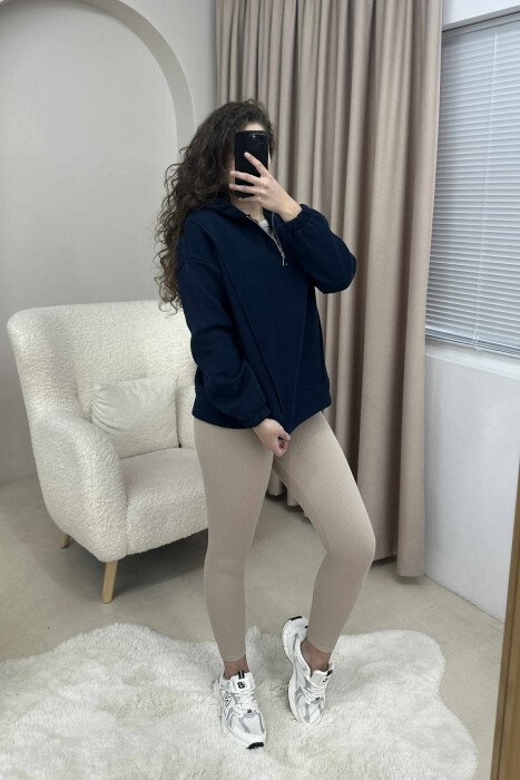 ONE COLOR FLUFFY WOMEN HOODIE DARK BLUE/BEE - 2