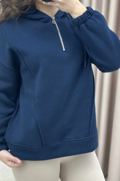 ONE COLOR FLUFFY WOMEN HOODIE DARK BLUE/BEE - 4