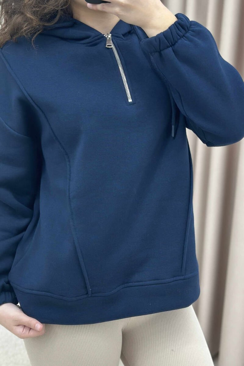 ONE COLOR FLUFFY WOMEN HOODIE DARK BLUE/BEE - 4