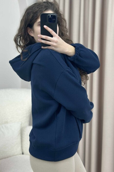 ONE COLOR FLUFFY WOMEN HOODIE DARK BLUE/BEE - 5
