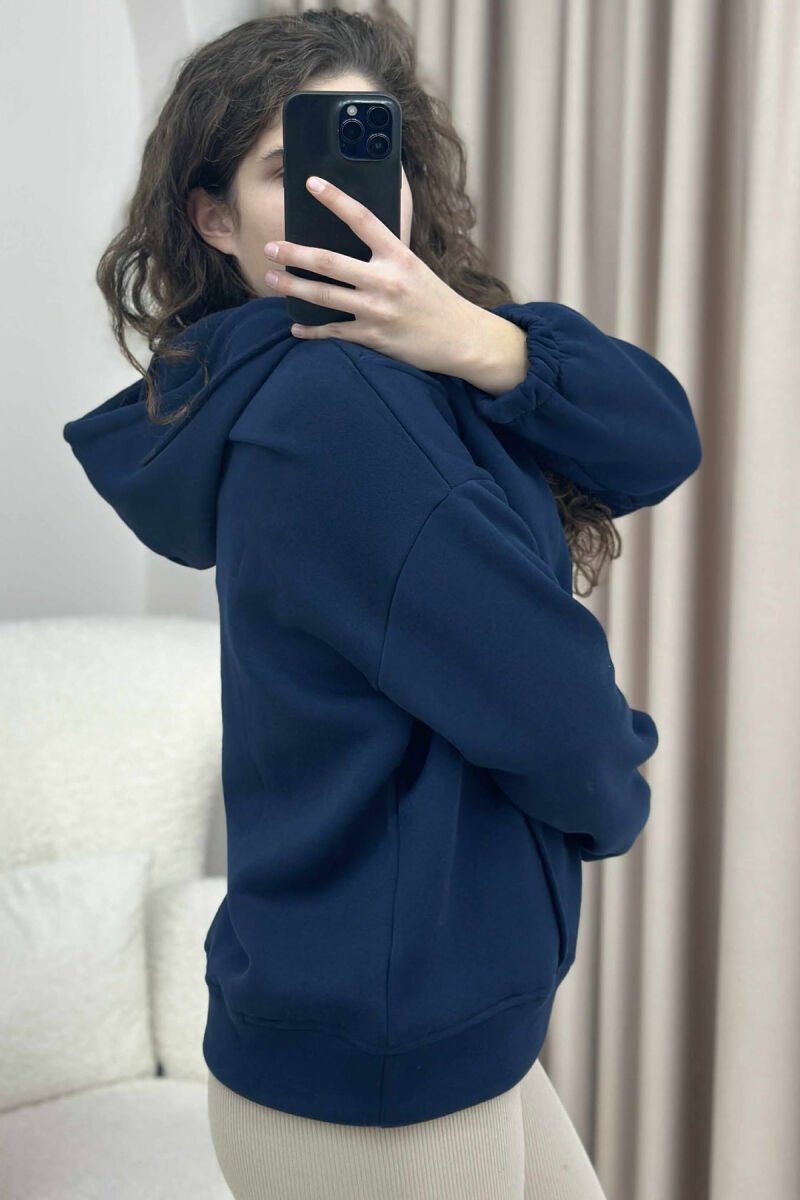 ONE COLOR FLUFFY WOMEN HOODIE DARK BLUE/BEE - 5